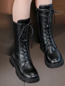 Girls' Fashion Zip-Up Lace-Up Long Boots Boots, Stylish and Comfortable, Perfect for Casual Wear, All Seasons
