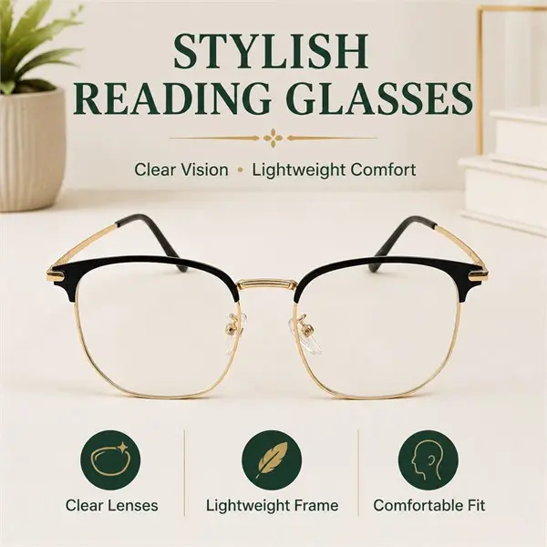 Black Gold Vintage Old Money Browline Reading Glasses for Men Women, Metal Frame Readers with Clear AC Lenses & Adjustable Nose Pads for Daily Use, with Case & Cleaning Cloth - Just for U