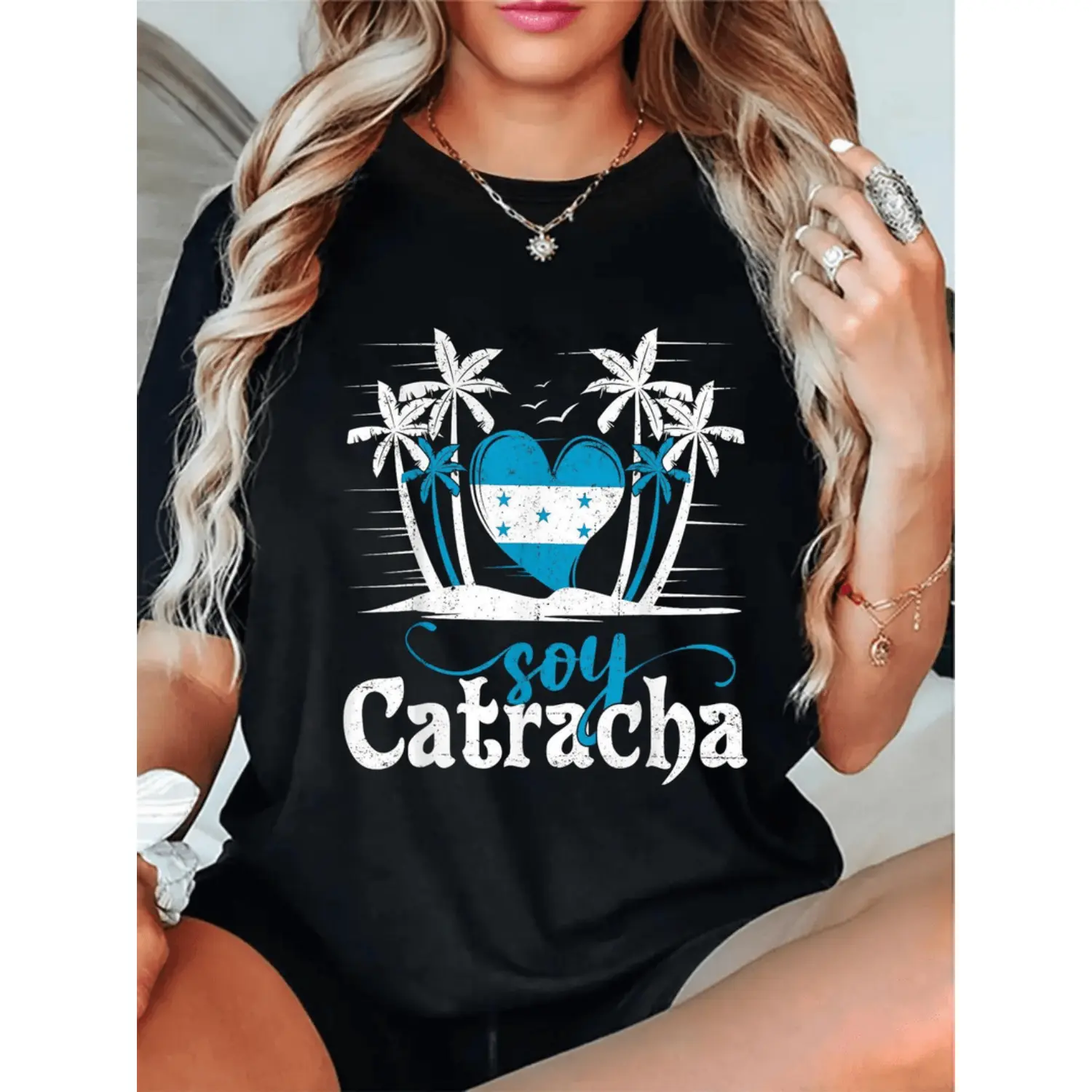 180g Soy Catracha Honduras Flag Graphic Tee Women Casual Round Neck Short Sleeve Black Knit With Palm Tree Heart Design Ideal Gift For Hondurans