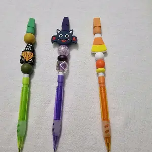 Halloween Themed Beaded Mechanical Pencil with Eraser - Various Designs Include Bat, Gnome and Candy Corn Patterns