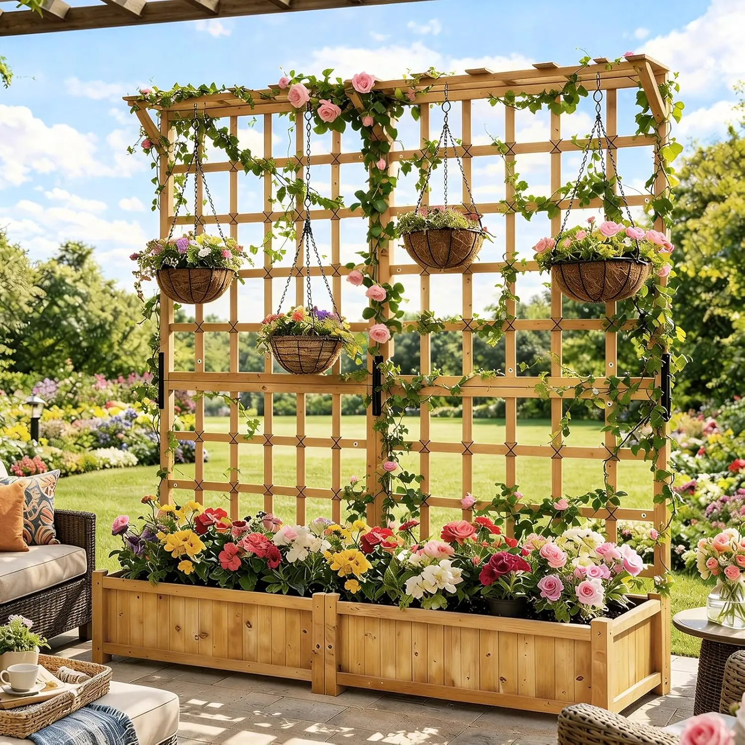 Aoxun 72" Wooden Planter Raised Bed with Trellis, Hanging Roof & Garden Boxes, 2-Piece Wood Planter Container for Climbing Plants, Flowers, Vines, Planter Raised Beds