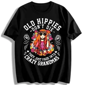 Women's Casual T-Shirt - 'Old Hippies Are Not Dead' White Tee with Floral & Peace Sign, Machine Washable, Hippie Clothing
