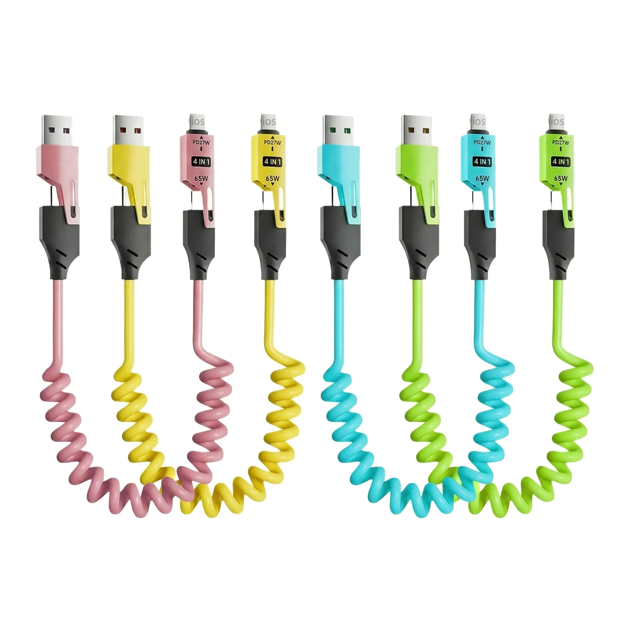 4-in-1 Retractable Design Phone Charging Cable, Multifunctional 65W USB-A/Type-C to USB-C/Lightning PD Cable, Fast-Charging Cable for Home and Office-MM