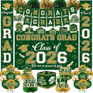 Green and Gold Graduation Decorations 2026 Set All-in-1 Kit with Congrats Grad Banner Class of 2026 Backdrop Porch Sign Balloons Centerpieces Card Box Pom Poms Streamers for College High School