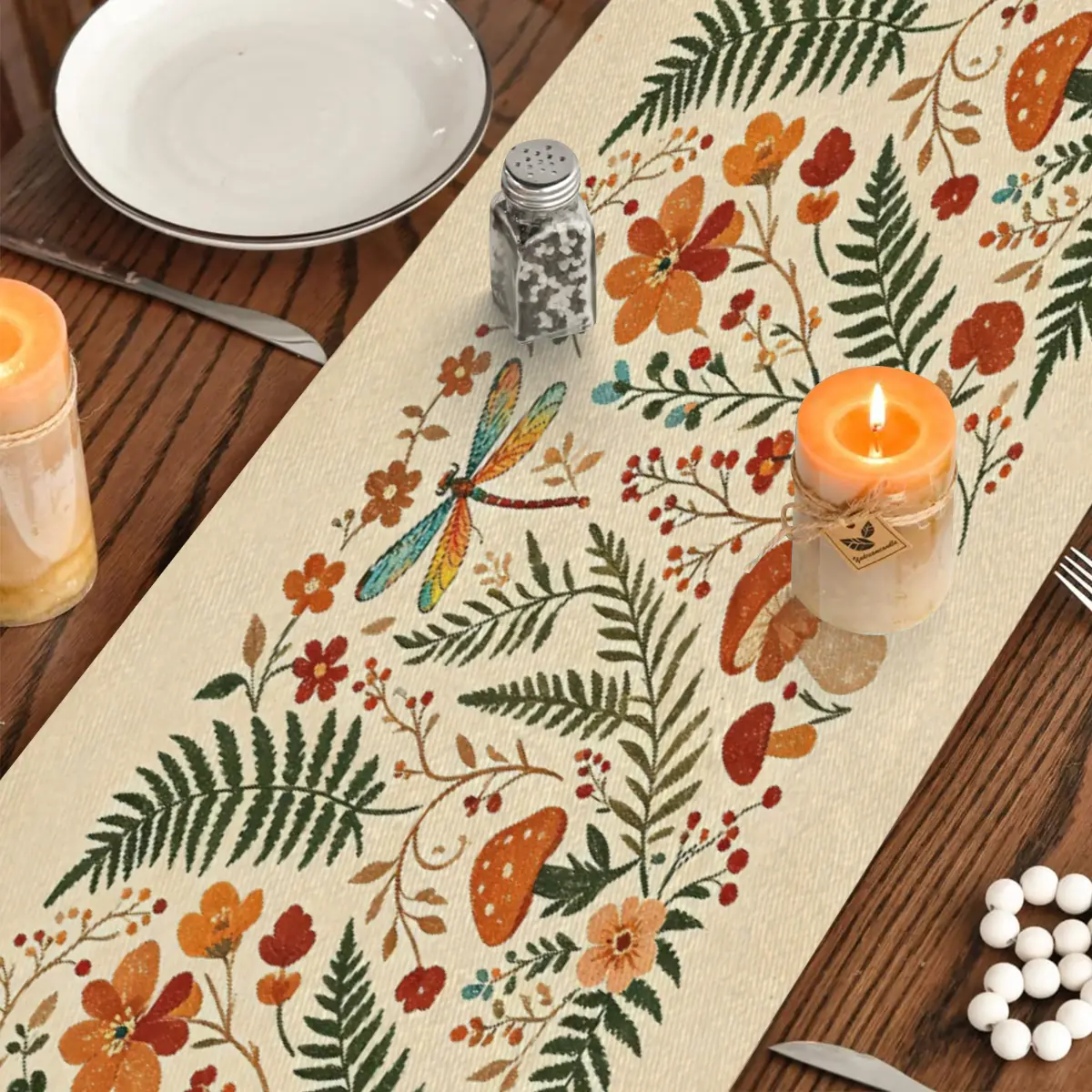 Boho Vintage Forest Table Runner - Polyester, 2 Sizes, Colorful Dragonfly, Orange Wildflower, Fern, Mushroom Print Table Scarf - Machine Washable Cottagecore Farmhouse Decor for Dining/Kitchen, Forest Life Aesthetic