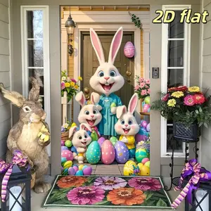 Easter Bunny Background Banner, Polyester Fabric, Egg and Flower Decorations, Easter Party Decoration, Home Garden Wall Decor, Outdoor Banners