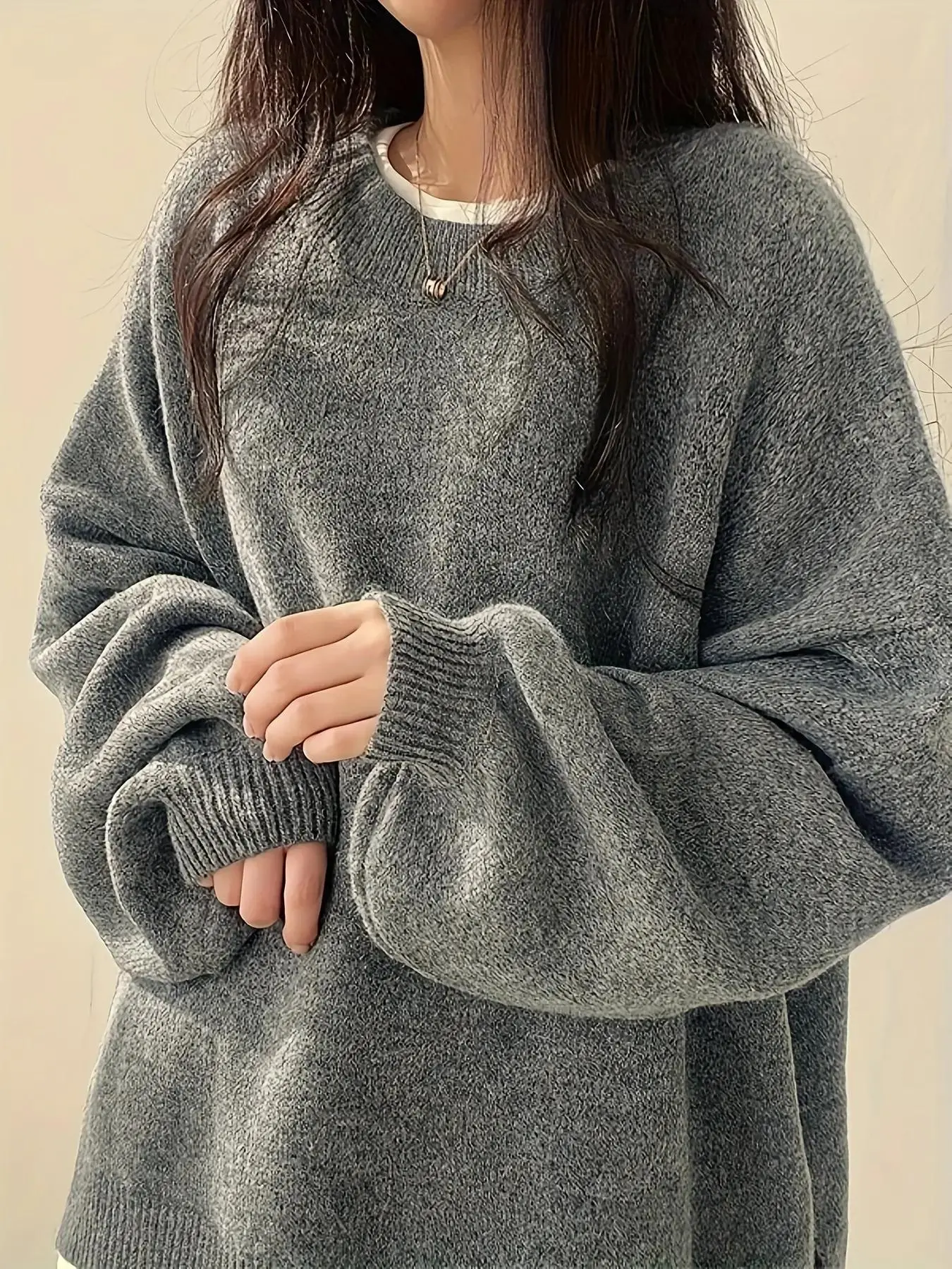 Plus Size Solid Split Hem Drop Shoulder Knitwear Sweater Tops, Casual Long Sleeve Round Neck Jumper for Fall & Winter, Women's Clothing Womenswear for Daily Wear, Everyday, Baggy