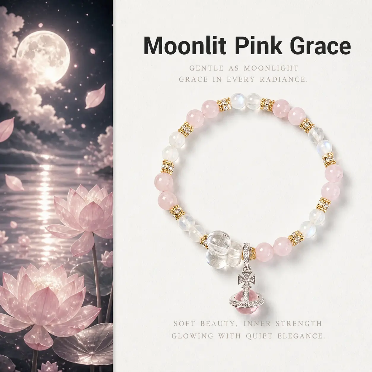 [Moonlit Pink Grace] crystal bracelet, rose quartz moonstone, unisex daily gift, 10mm beads, gentle love symbol