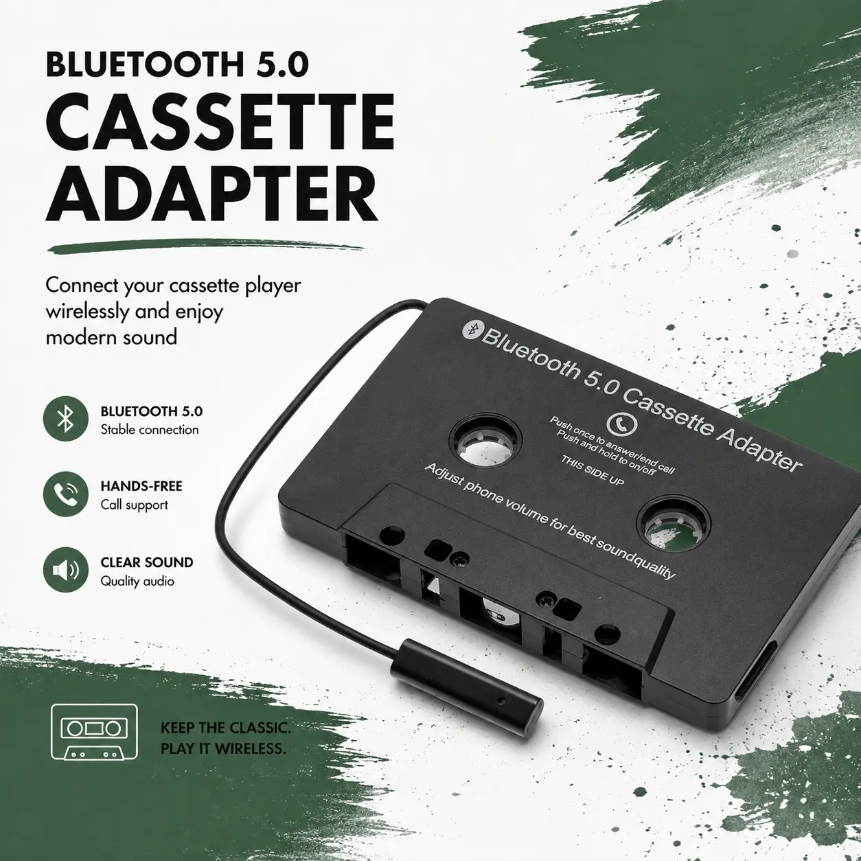 Wireless Cassette Adapter for Vintage Car Tape Players - Audio Streaming, Phone Hands-Free Calls, Plug & Play, Quick Setup to Add Bluetooth Functionality