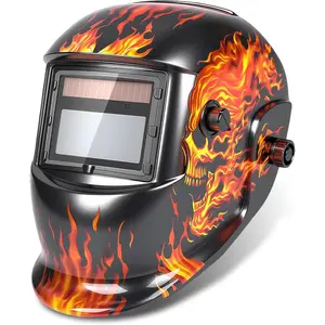 AST01 Solar Power Auto Darkening Welding Helmet Hood with Wide Lens, DIN4 Shade, Adjustable Sensitivity Settings, Delay Settings, Repair and Operation Compatibility - Flaming Skull Design for Automotive, Military Maintenance Weld Grinding