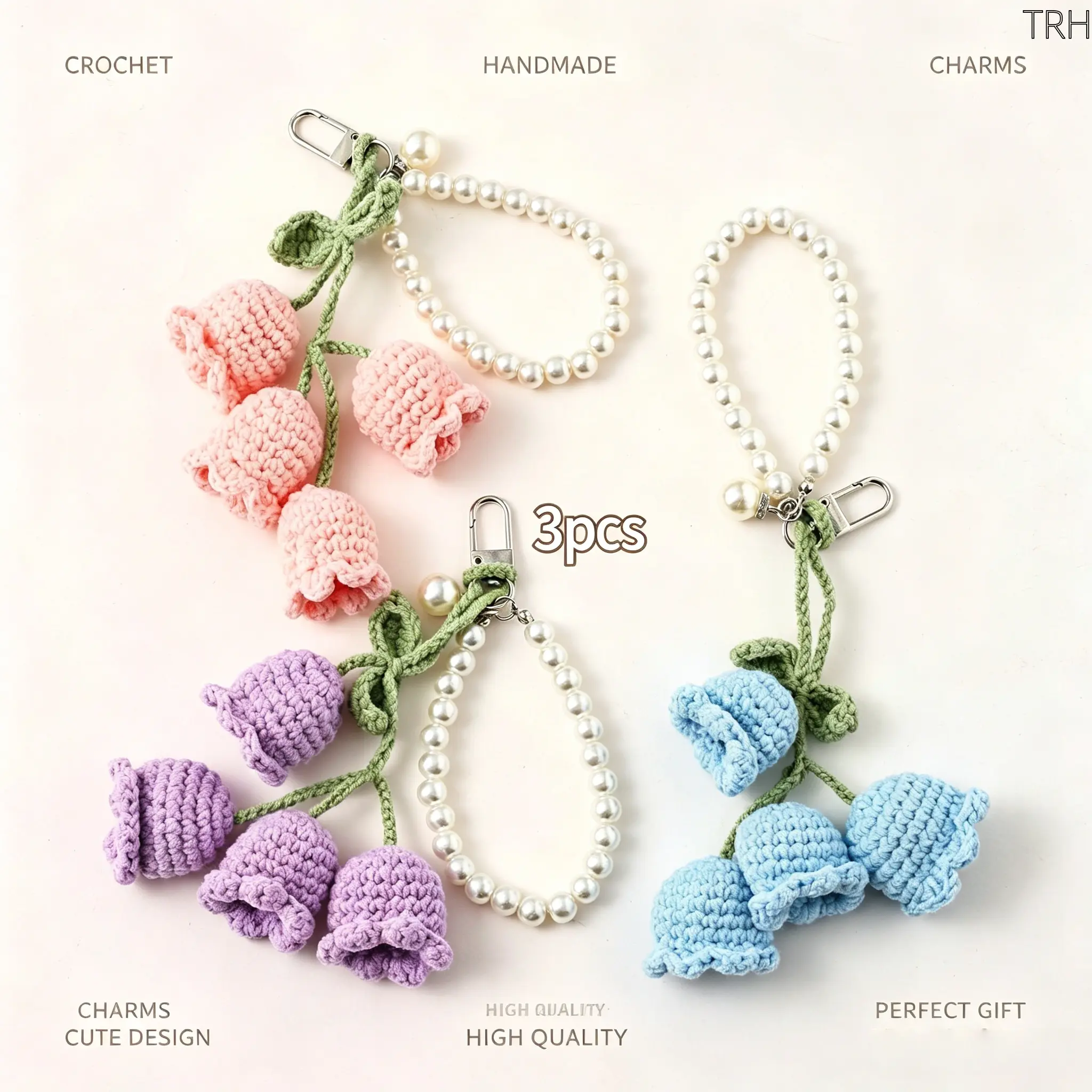 Handmade Crochet Keychains, 3-Piece Boho Lily Pattern Set with Pearl Beads, Knitted Flower Bag Charms for Gifts & Party Favors, Handmade Keychains, 3Pcs, Cute, Crocheted Yarn, Flower Shape, Backpack Accessories