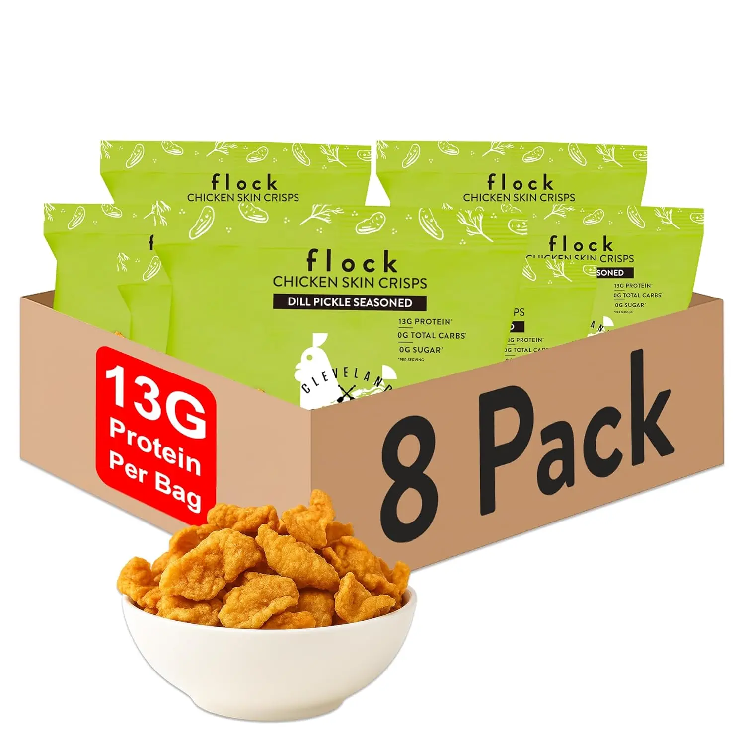 Dill Pickle Chicken Skin Crisps | 8-Pack | High Protein, Low Carb, Low Sugar Snack | Keto and GLP-1 Friendly | Flock x Cleveland Kitchen Collab