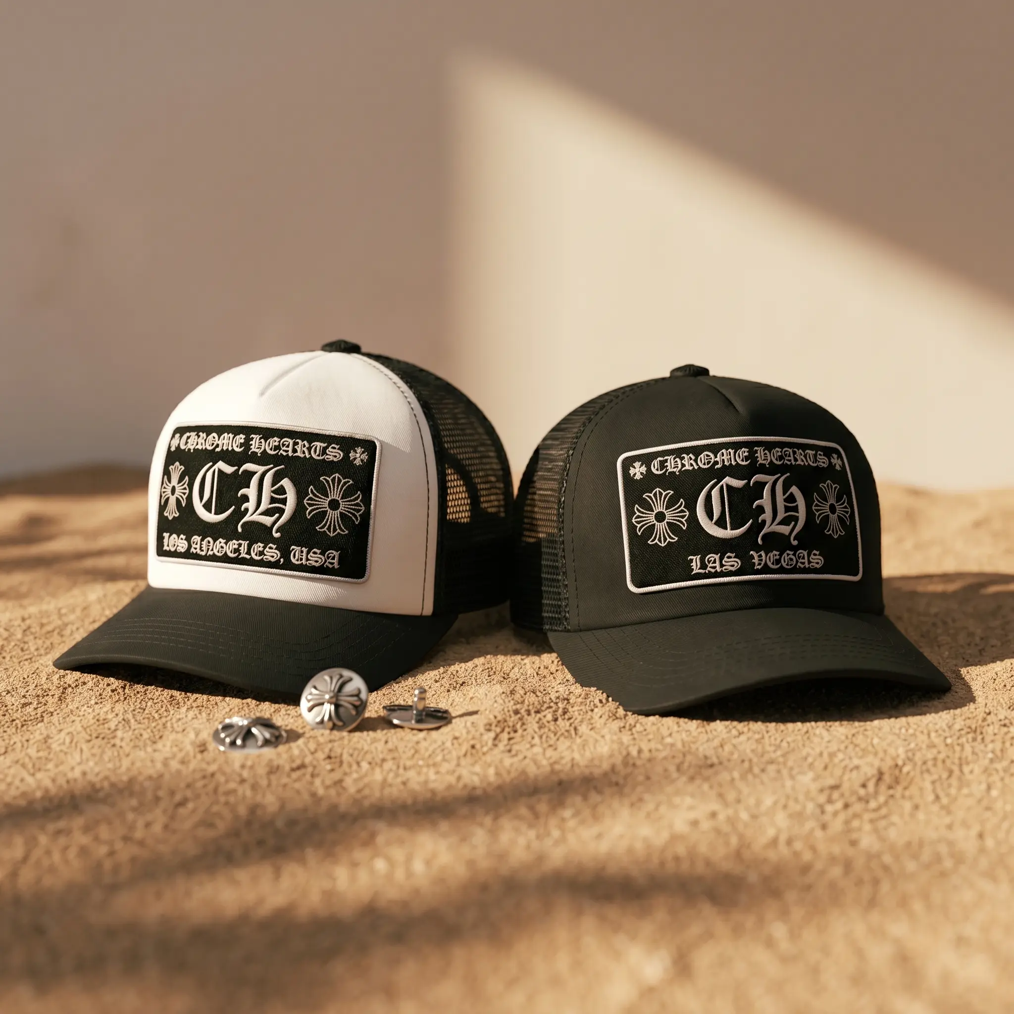 Chrome Hearts CH Trucker Hat Sunlit Desert Sand Display | Curved Brim Embroidered Patch Snapback Cap | Y2K Gothic Punk Hip Hop Luxury Streetwear Gift