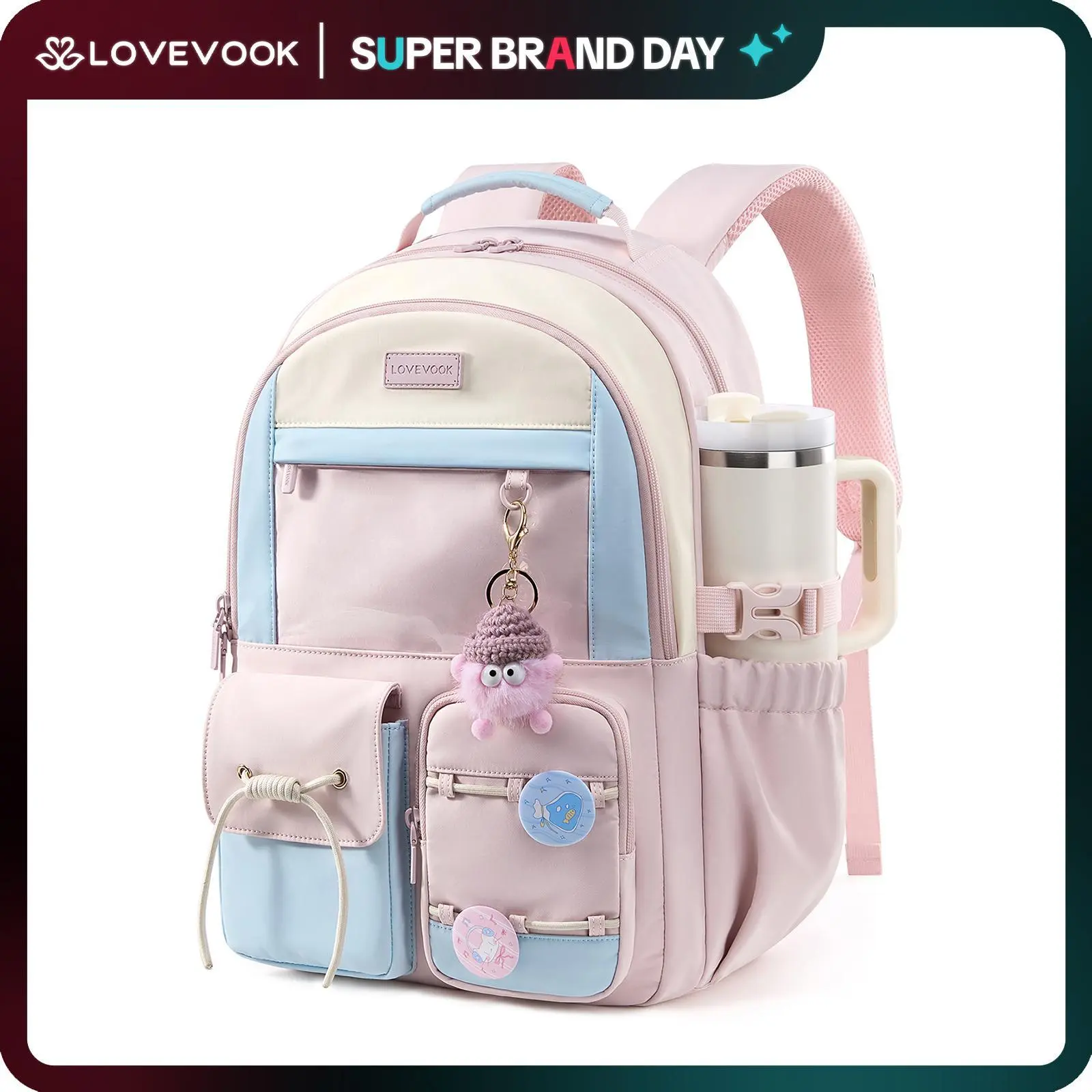 LOVEVOOK School Backpack for Teen Girls, Cute Student Kids Bookbag Ita Bag | Ages 8-16,Back to School,Large Cup Holder,DIY,Fit 15.6"Laptop,Multiple Pockets,College Travel Backpack,Clear Display Pocket