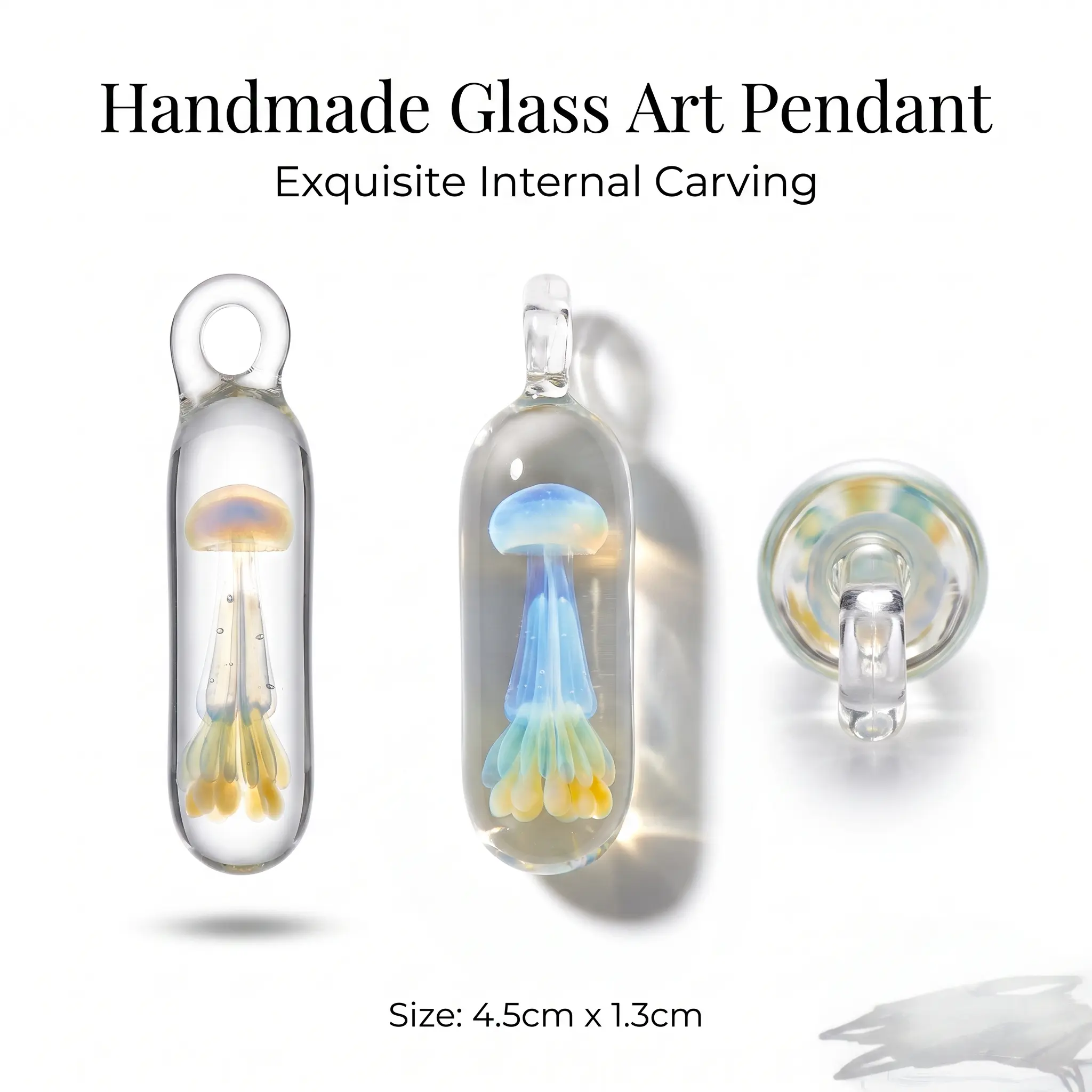 Jellyfish Pendant Necklace, Ethereal Hand Blown Crystal Glass with Ocean Theme, Handmade Spiritual Gift Idea for Women