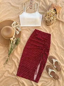 Summer 2-Piece Casual Beach Set: Casual Holiday, Fitted Solid Color Thin Sleeveless Spaghetti Strap Top and Floral Split Skirt, Stylish and Comfortable, Womenswear