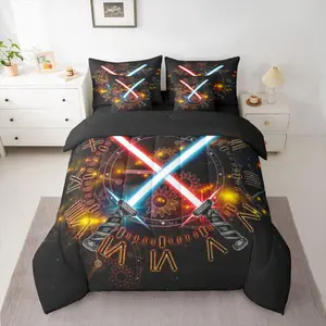 Feelyou Lightsaber Microfiber Bedding Set, 7-Piece Gear Cogwheels Pattern Bed-in-a-Bag with 3D Neon Blue-Red Comforter, Sheets, Pillowcases and Cushion Covers
