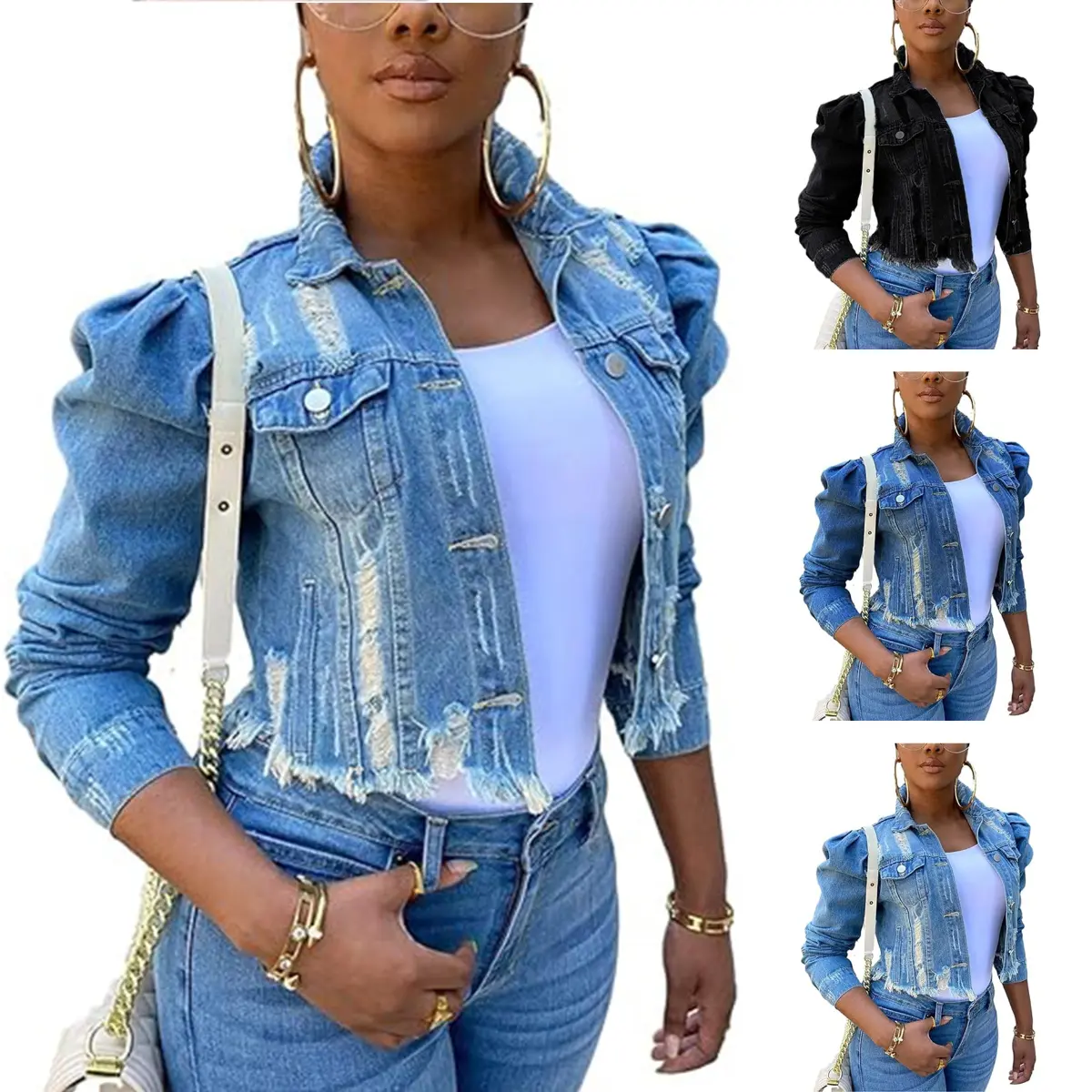 UANEO Women's Ripped Puff Sleeve Denim Crop Top Long-Sleeve Cropped Jean Jacket UANEO Women's Ripped Puff Sleeve Denim Crop Top Long-Sleeve Cropped Jean Jacket