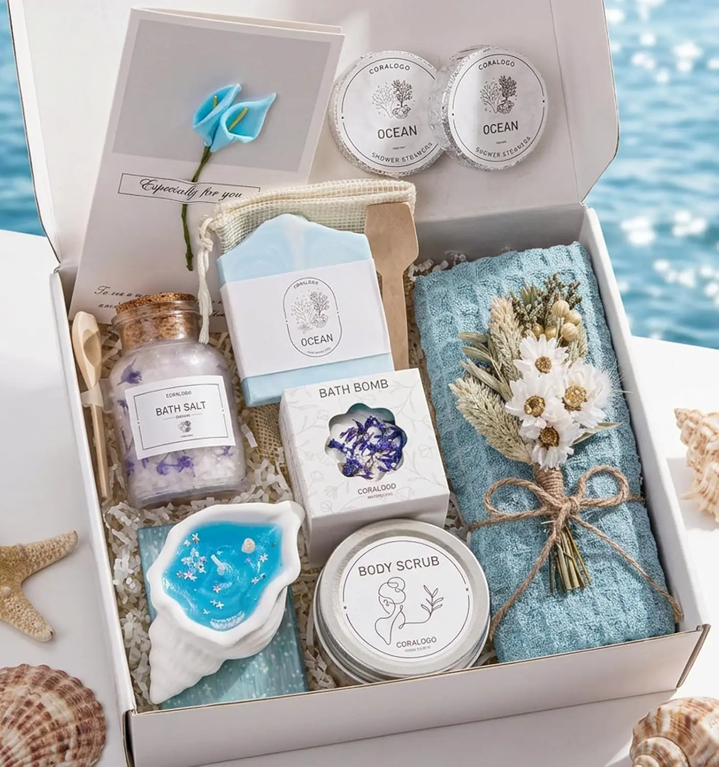 Women's 11pc Luxury Birthday Gift Set Self-Care Spa Basket - Home & Festive Party Supply with Scented Candle, Bath Salt, Greeting Card - Thinking of You Present for Mother's Day