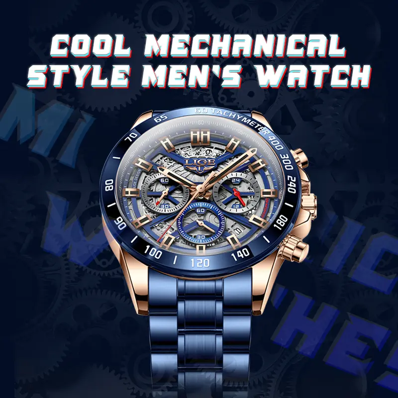 LIGE Men's Modern Quartz Analog Wristwatch with Round Face, Leather Strap with Buckle, and Waterproof Mineral Glass, Modern Fashionable Wristwatch, Metal, Classic Fashion Men's Watches, 12 Months, < 30M