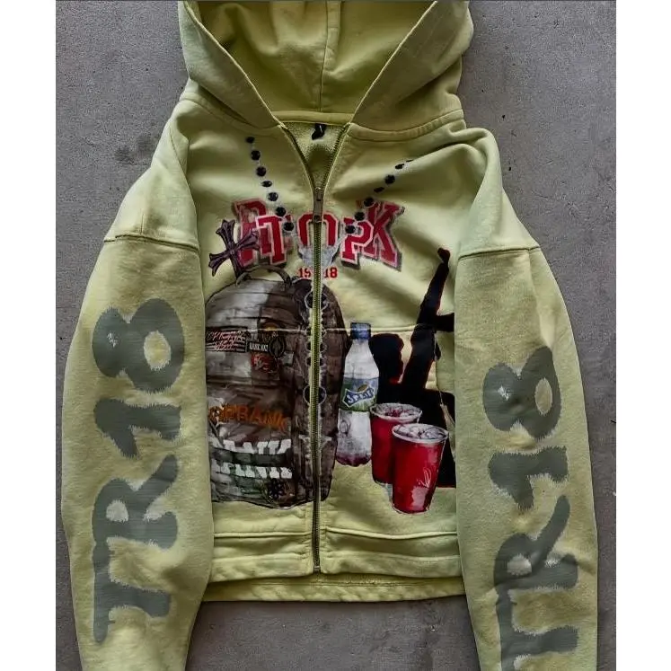 Trendy 2000s printed pattern zipper hoodie, street hip-hop loose casual sweatshirt, versatile couple suit(gift)