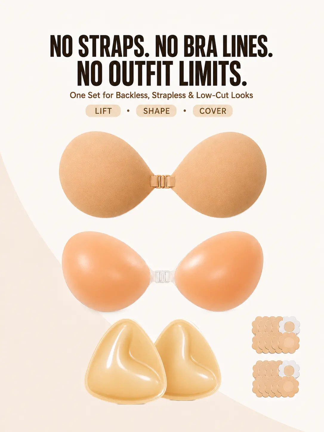 Sticky Bra for Women, Invisible Strapless Backless Adhesive Bra or Silicone Insert Options for Dresses, Halter Tops and Summer Outfits