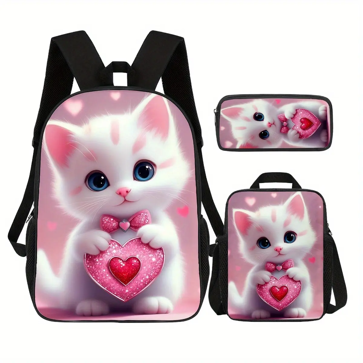 Chic 3pcs Graphic Cartoon Multi-Function Backpack Set - 17in, 32cm Wide, 43cm High Lightweight Cushioned Athletic Bookbag with Lunch Bag & Pencil Pouch, Ideal for New Term Essentials, Camping, Holidays