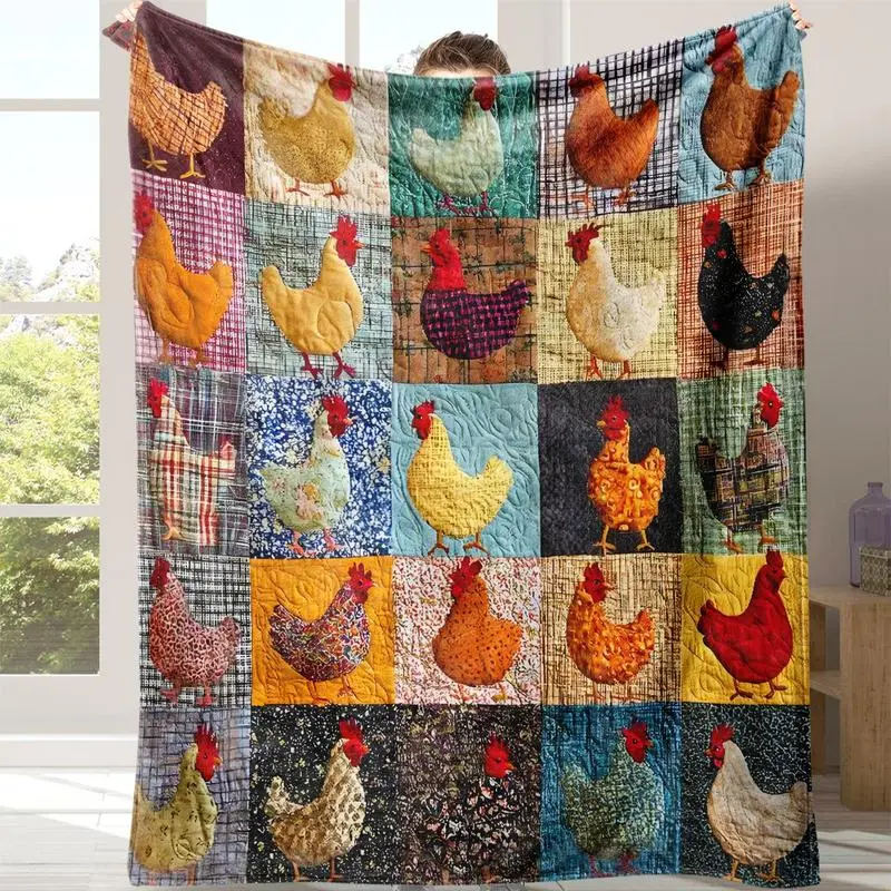 Cozy Watercolor Chicken & Floral Print Blanket - Soft, Warm, Flannel Throw Chicken Pattern Blanket, Soft Warm Throw Blanket, Air-conditioned Room Blanket, Warm Nap Blanket for Home Office Travel Camping soft for all season perfecf gift Dynamic Bird