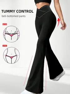 Women's High Waist Flare Yoga Pants, Yoga Workout Pants, Cross Waist Design, Comfortable Fashion Sporty Tight Fit, Solid Flare Leggings, All Seasons Fitness Leggings
