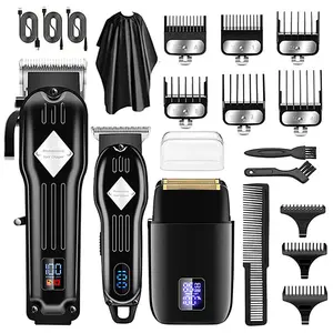 Men’s 3-Piece Professional Hair Cutting & Trimming Set – USB Rechargeable Hairdressing Kit featuring a Liquid Crystal Display, Adjustable Head Attachment Clipper, and Professional Men’s Trimmer