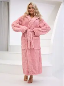Women's Coral Fleece Bathrobe, Hooded Long Sleeve Sleepwear, Everyday Loungewear, Chic Warm Thickened Padded Robe with Hearts, Belt, Drawstring & Dual Pockets, Fluffy Pajamas, Soft Casual Pajamas, Comfy Pajamas