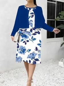Plus Size Two-Piece Dress Set + Floral Cardigan, All over Print, Breathable Comfort, Casual Spring & Fall
