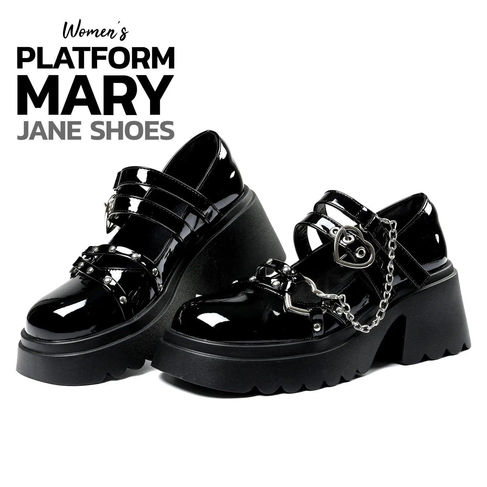 Women Mary Janes Shoes Round Toe Strappy Heart Buckle Chain Studded Thick Sole Platform Loafers Gothic Punk Lolita Y2K Emo Fashion Harajuku Style Streetwear Cosplay Casual Concert Festival Durable Comfortable Lightweight Statement Shoes