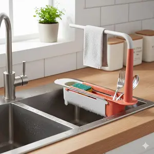 Expandable Sink Organizer, Adjustable Soap Sponge Holder Drain Rack, No-Drill Knife Block & Cutting Board Set, Rustproof Kitchen Countertop Tool with Vertical Storage, Multi-Size Accessories