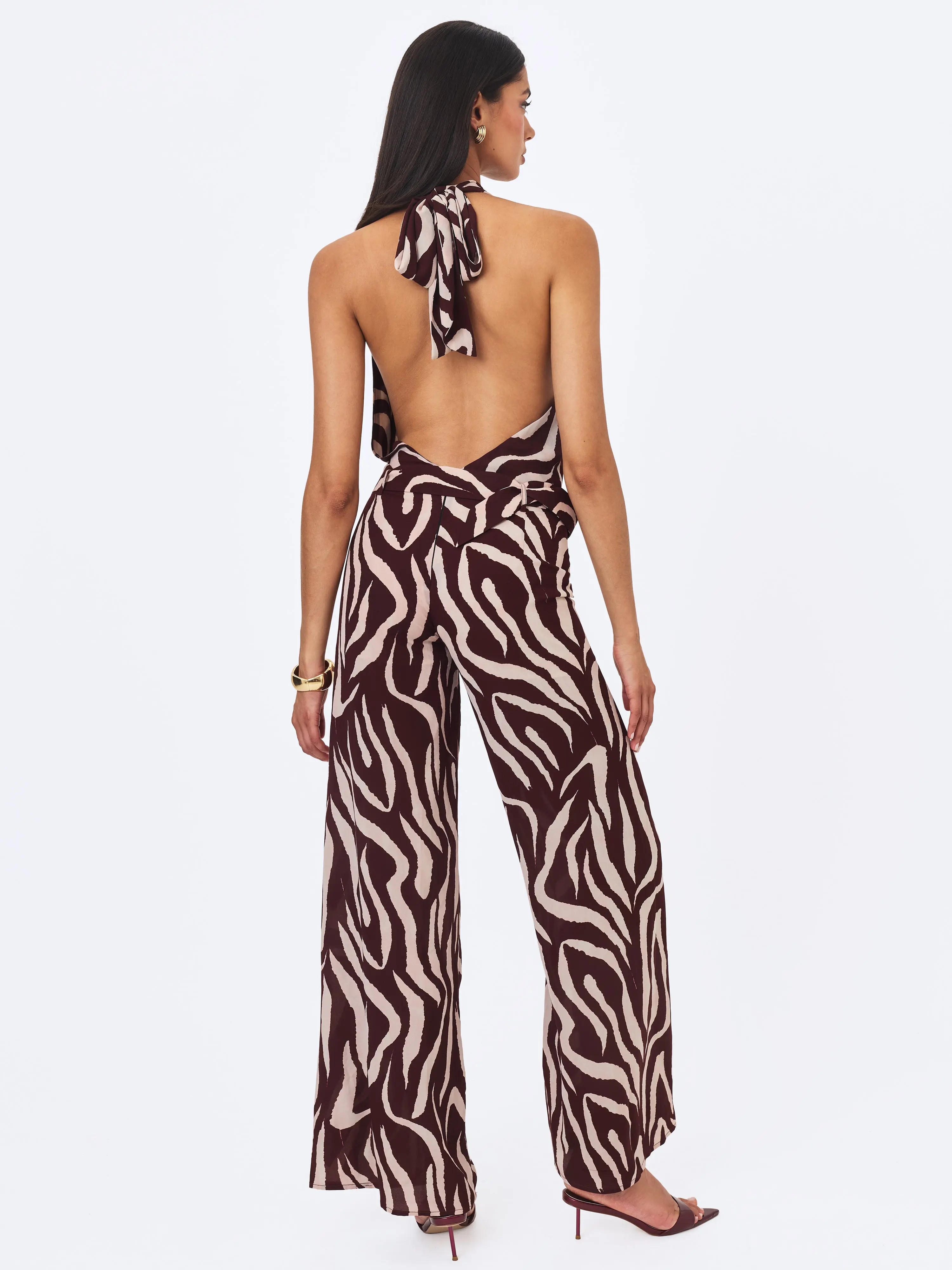 Ashlyn Burgundy & Beige Abstract Zebra Print Belted Halter Jumpsuit