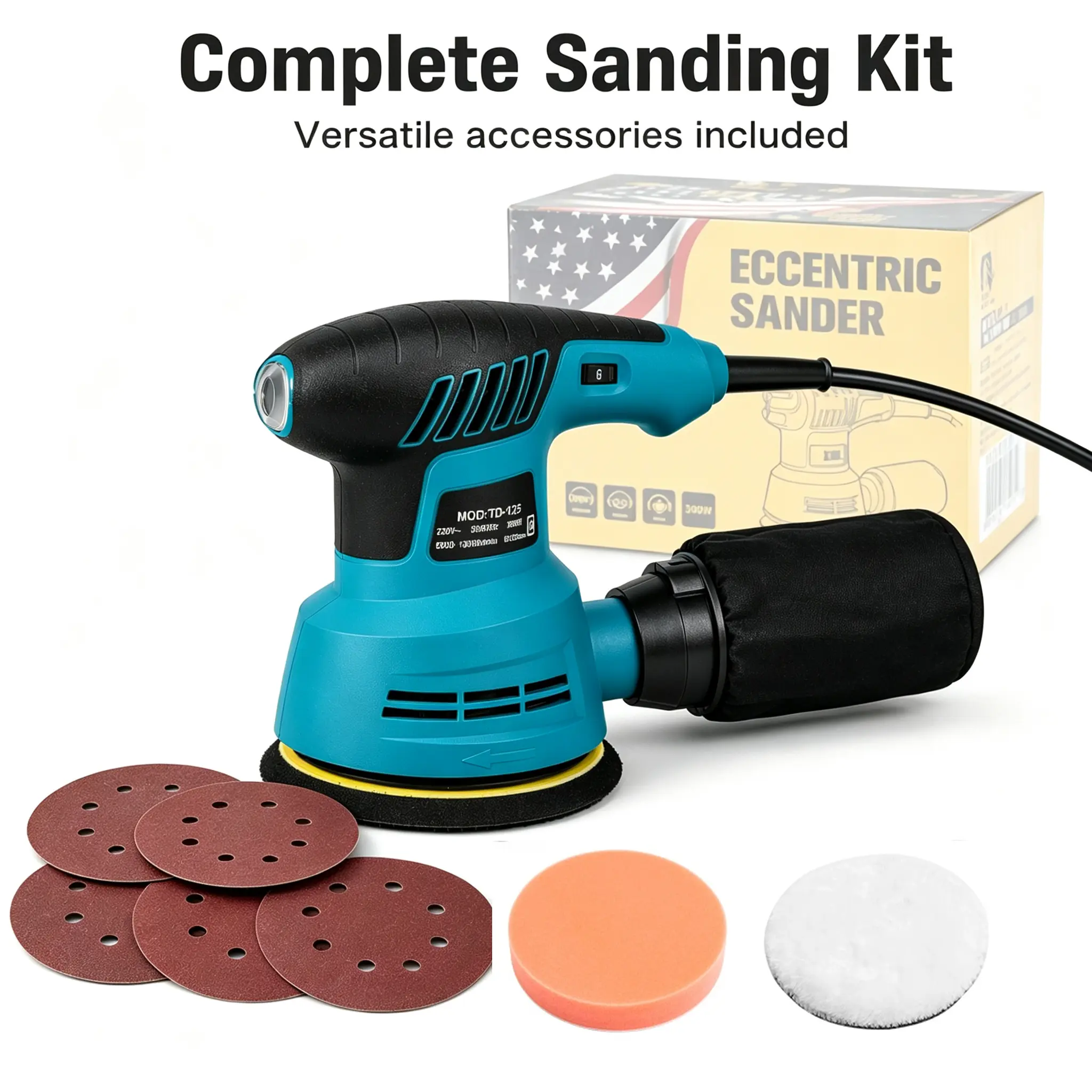 Sander Speed Control Grinding Machine, Paint Wall Putty Polishing Machine, Electric Woodworking Flat Surface Sander for Wood and Furniture,Including 5 sanding sheets, 1 foam pad and 1 wool felt pad