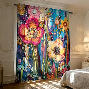 Bohemian style 2pcs colorful floral printed filter curtains, Home Decorative Curtain, made of 100% polyester material, with a romantic atmosphere, suitable for trendy home scenes such as personalized homestays, art living rooms