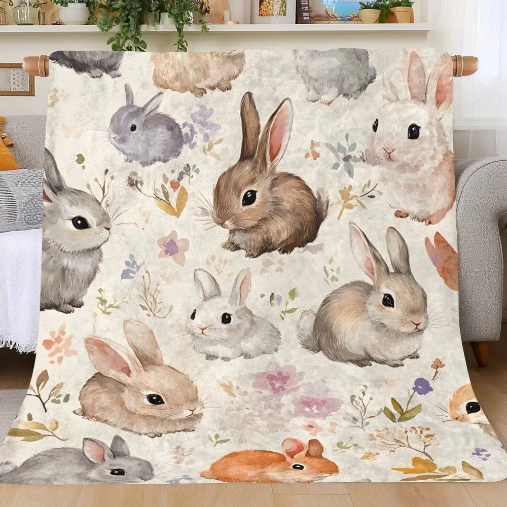 Vintage Floral Watercolor Easter Bunny Flannel Fleece Blanket - Fluffy, Adorable Style Animal Characters Bunny Blanket, Soft Cozy Plush Warm Throw for Bedroom Sofa, Ideal Easter Gift for Women, All Season Home Decor Textile, Fluffy Blankets, Animal Charac