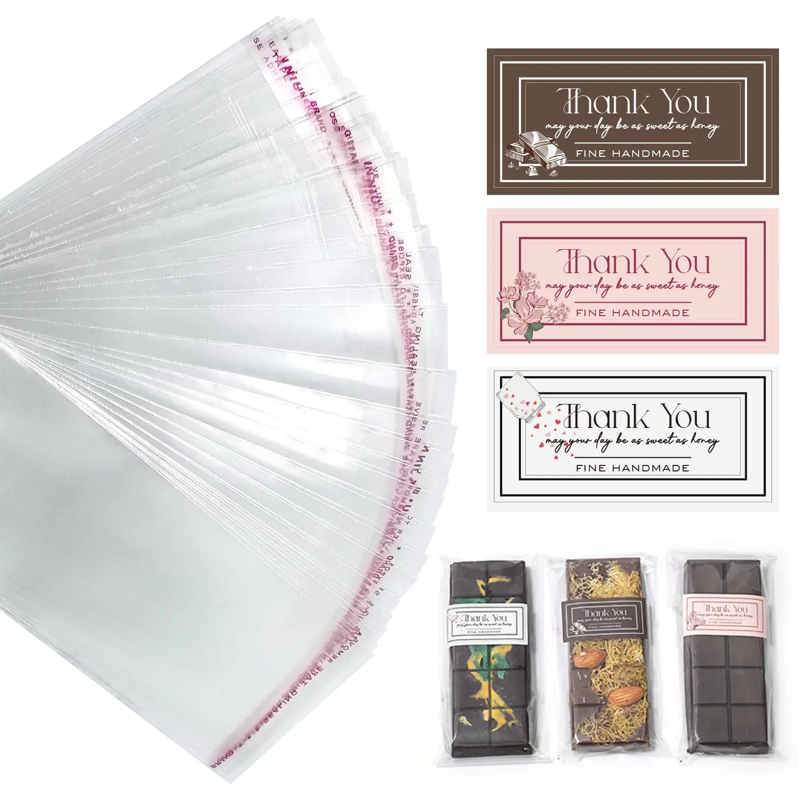 Durable Chocolate Bar Wrappers for Small Businesses, 2.5 x 7.1 inches Airtight Self-Adhesive Packaging, 100pcs Wax Melt Bags with 104pcs Thank You Stickers