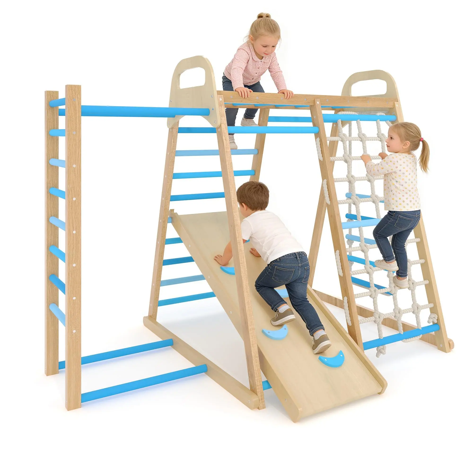 Unisex 7-in-1 Recyclable Materials Wooden Jungle Gym Indoor Furniture Set - Kids Aged 3–6 Climbing Playset with Balance Feature, Monkey Bars, Sensory Elements, Adjustable Ramp, Slide, Fall Protection, Learning Design