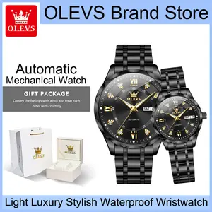OLEVS 6727 High-End Full Black His & Hers Automatic Mechanical Watch Set, Day & Date Dual Function, Luminous Hands for Dim Lighting, 3ATM Water Resistant Business Dress Watch, Premium Romantic Gift for Lovers