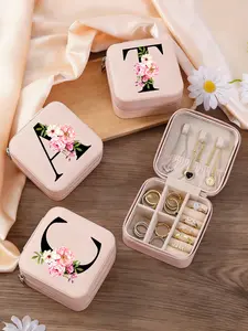 Jewelry Box, Bridesmaid Jewelry Box, Zipper Closure, Artistic Floral and Letter Patterns, Travel Leather Ring Box, Fabric Lining and Compartments, Elegant Travel Jewelry Organizer, Exquisite and Stylish, Mother's Day and Anniversary Gift.