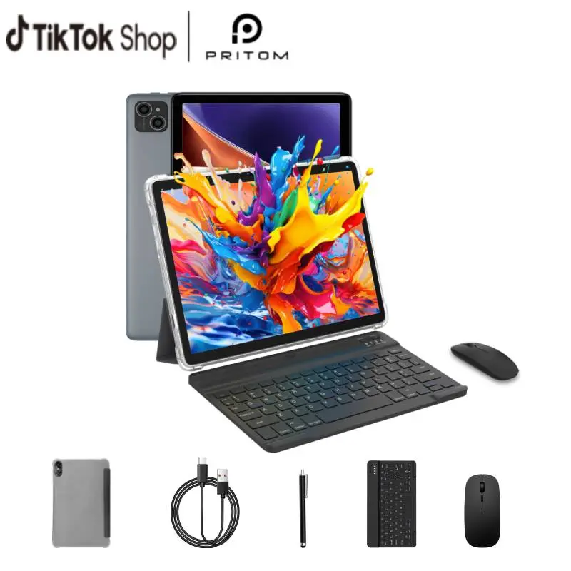 [SummerFinds] PRITOM 10.1-inch 128GB ROM Tablet Set Dual Camera Bluetooth Keyboard Mouse Stylus 16(4+12)GB RAM Android 14 2.4G/5G WIFI Type-C Charging Large Storage Back-to-school Gifts&MothersDay Gifts