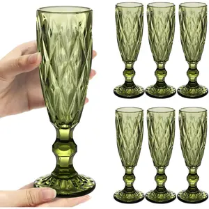 Vintage Glass Champagne Flutes Set of 6, 5 Ounces Embossed Wine Glasses Green Sparkling Wine Water Goblets for Christmas, New Year, Party, Anniversaries, Bar, Champagne, Cava, Prosecco