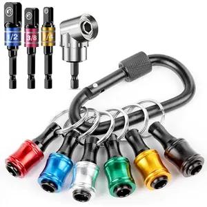 1 Set of Drill Bit Holder Keychain Small Tool, Including: 6 Pcs 1/4 Drill Bit Holders, 3 Pcs Drill Sleeve Adapters - Size 1/4 "3/8" 1/2 ", 1 Pcs 105 ° Multifunctional Right Angle Drill, Cool Gift Electrician Tools