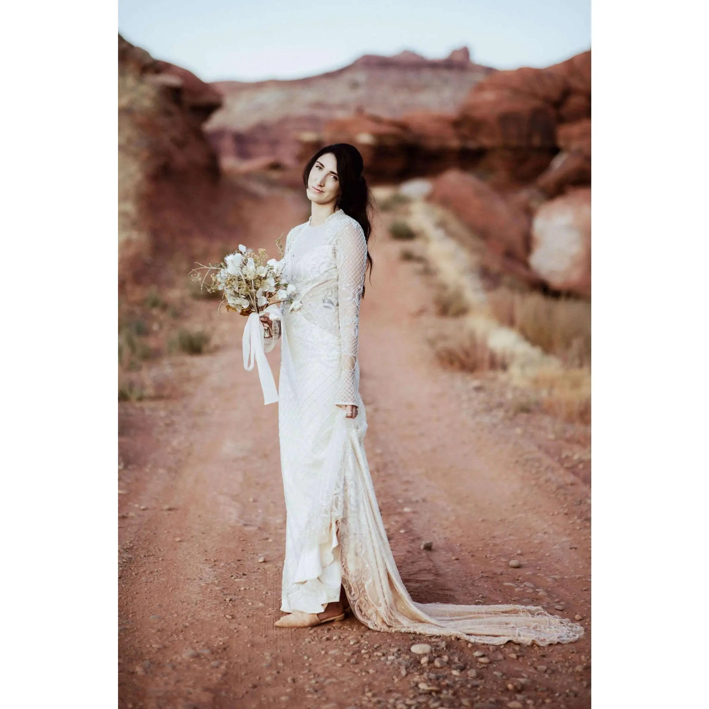 Women's Elegant Full-Length Sleeve Fit & Flare Wedding Gown - Almond Tulle Jersey, Pearl Grid Beading, Plunging Illusion Neck, Backless Open Back, Chapel Train, Zip Closure, Seamless Sheer Embroidery