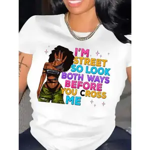 Women's Juneteenth Emancipation Day Graphic T-Shirt - "I'm Street So Look Both Ways" Slogan & Dreadlock Art, Colorful Letter Print Crew Neck Short Sleeve Top, Casual Spring Summer Tee, Machine Washable, Street Style Apparel | Artistic Print Shirt