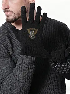 Black Knit Gloves with NonSlip Grips and Eagle Emblem Print for Outdoor Winter Activities Workwear Men Women Unisex Cold Weather Protection Suitable for Hiking Driving Gardening Gift for Christmas New Year Thanksgiving and Holiday Season