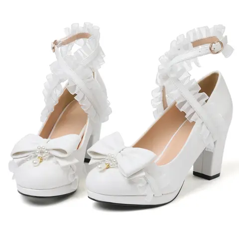 AOSPHIRAYLIAN Women's Cute Preppy Mary Janes Shoes - Solid, Closed Round Toe, Ruffled Lace Bow, Chunky Block Heels, Adjustable Ankle Strap Buckle, Pearl-Bead Detail Kawaii Footwear for Princess Birthday Party, White