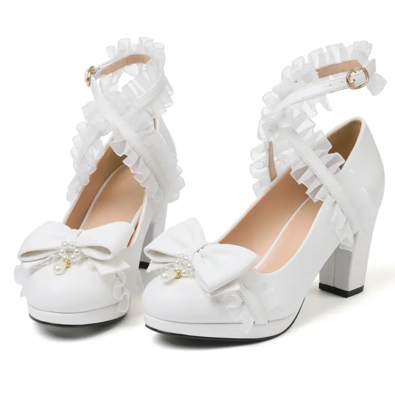 AOSPHIRAYLIAN Women's Cute Preppy Mary Janes Shoes - Solid, Closed Round Toe, Ruffled Lace Bow, Chunky Block Heels, Adjustable Ankle Strap Buckle, Pearl-Bead Detail Kawaii Footwear for Princess Birthday Party, White